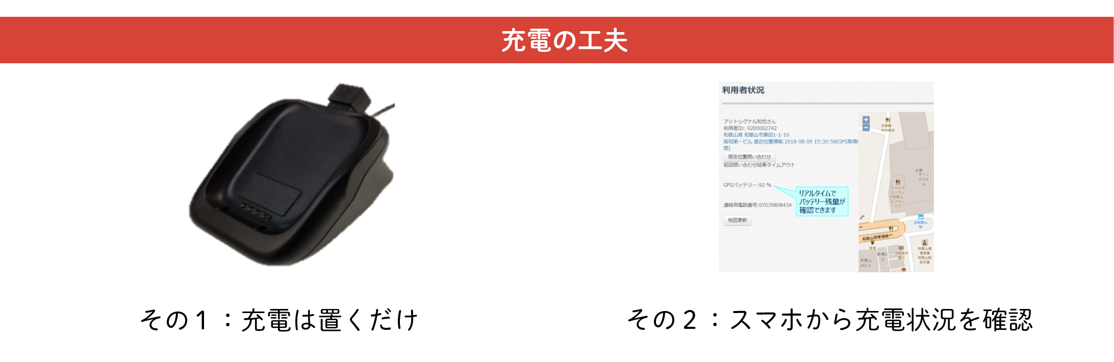 充電器は置くだけタイプ。また、スマホから充電状況を確認できます