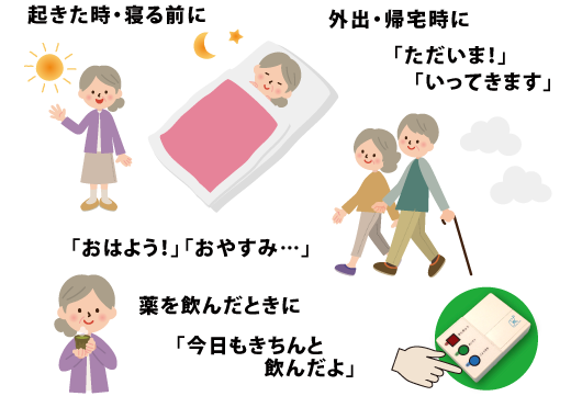 起きた時・寝る前に「おはよう」「おやすみ」、外出時に「いってきます」「ただいま!」、薬を飲んだ時に「今日もきちんと飲んだよ」